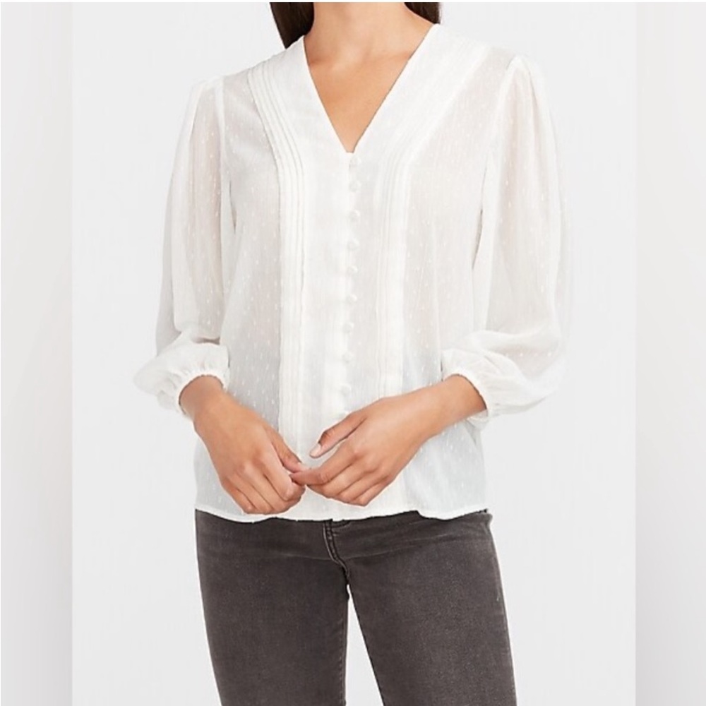 Express Metallic Pleated Button Front Shirt- White with Silver Accent Thread Med